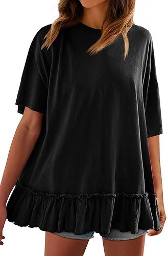 Tankaneo Womens Peplum Oversized Tshirt Summer Casual Pleated Shirt Dress Crew Neck Flowy Beach Tunic Tops, Size -XXL