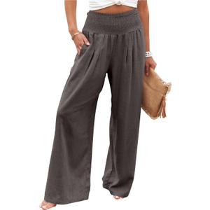 ANRABESS Women Linen Palazzo Pants Summer Boho Wide Leg High Waist Casual Lounge Pant 2025 Beach Travel Vacation Outfits (Medium, Coffee)