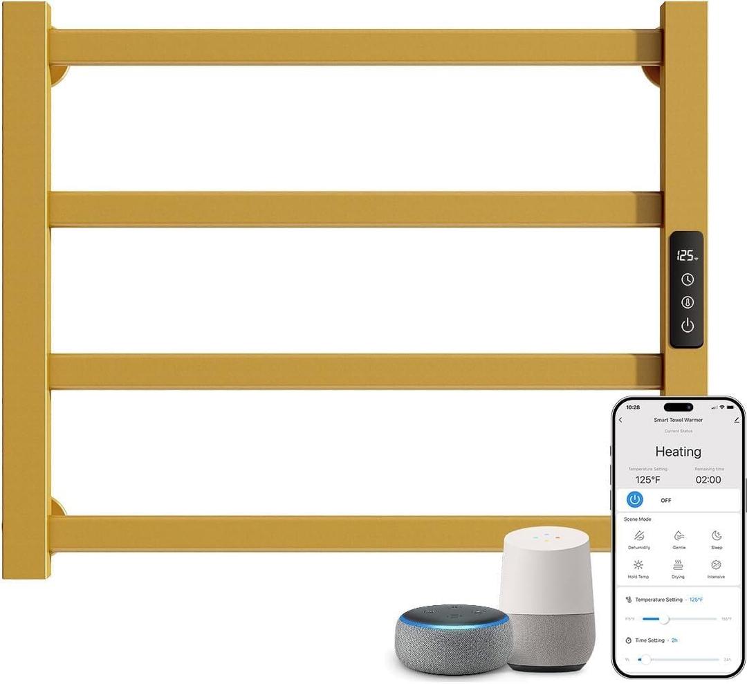 ENZE Smart Luxury Heated Towel Rack, 4-Bar Gold Electric Towel Warmer 115W, Wi-Fi App Control & LED Touch Screen, Adjustable Temperature & 24H Timer, IPX5, 2 in 1 Installation, Low Carbon Steel