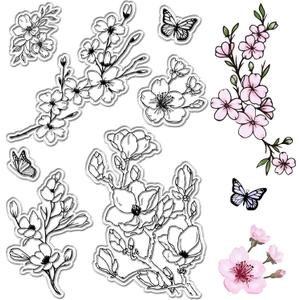 CRASPIRE Cherry Blossom Butterfly Clear Rubber Stamps Spring Flowers Floral Reusable Transparent Silicone Stamp Seals Vintage for Journaling Card Making Decor DIY Scrapbooking Supplies Film Frame