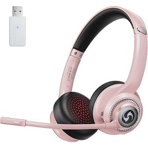 Surpixo Wireless Headsets with Microphone, Ultra Lightweight& 50+ Playtime, Wireless Headset for Cell Phones, On Ear Bluetooth Headphone Fit for PC/Call Center/Computer/Laptop/Teams  Light Pink