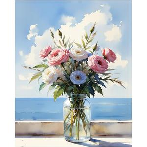 EnLvYY Paint by Numbers Kit for Adults, DIY Acrylic Painting on Canvas, Flowers in Vase with Pink & White Bouquet, Ocean View Wall Art, Beginner Gift for Friends and Family,16X20IN Framed