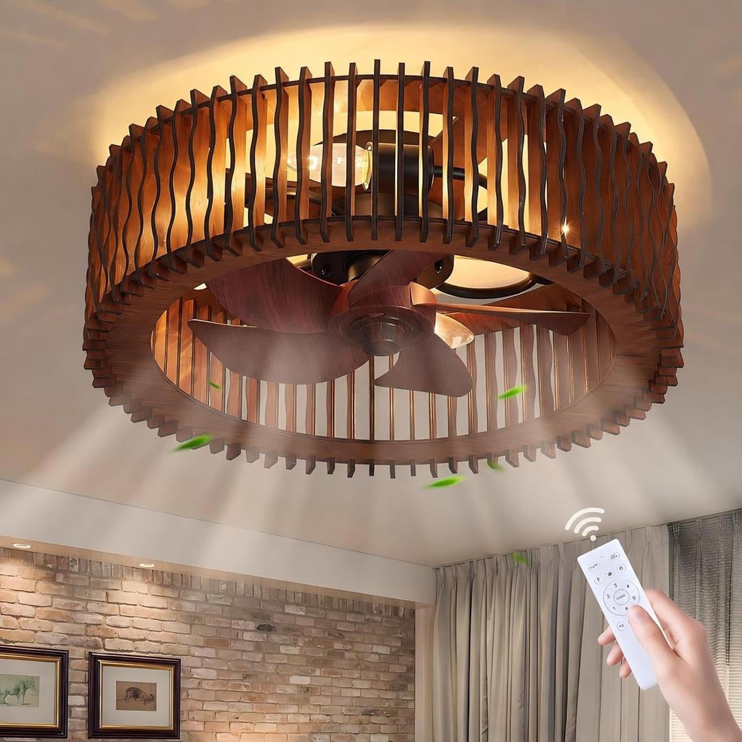 20 Inch Dark Brown Wooden Low Profile Ceiling Fan with Light and Remote, Wood Ceiling Fan, Farmhouse Caged Ceiling Fan with 6-Speed Reversible Motor for Bedroom, Living Room, Kitchen