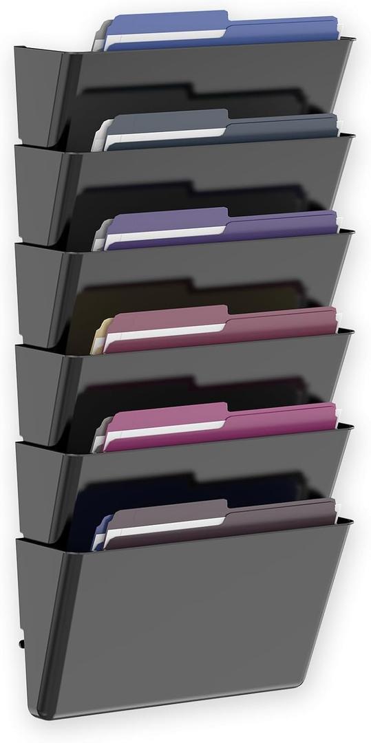 MINDEPOT 6 Pockets Acrylic Wall File Organizer, Clear Wall File Holder, Plastic Hanging Wall File Holder for Office, School and Home, Black