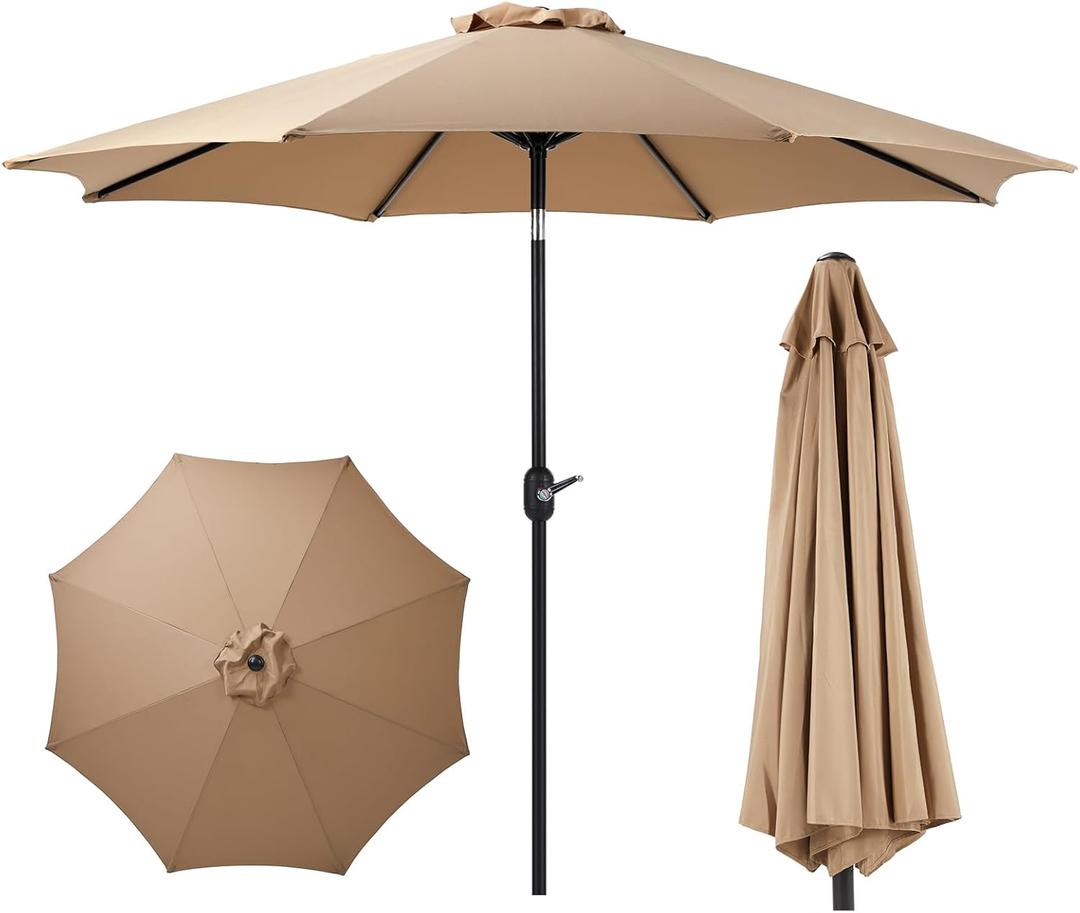 OLIXIS 9ft Patio Umbrella with Tilt and Crank Button & 8 Sturdy Ribs Waterproof, Patio Table Umbrella Perfect for Poolside, Terrace, Beach and Outdoor Restaurant, Brown (9FT NO LEDs)