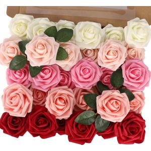 MACTING 30PCS Artificial Flower Roses Real Touch Fake Spring Flowers with Stem Foam Roses for DIY Wedding Bouquet Floral Arrangements Table Centerpieces Party Home Valentines Day Decor (Mix Color 3)