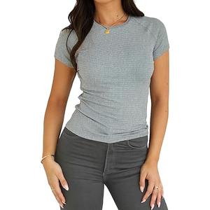 Dwnval Womens Basic Summer Short Sleeve Crewneck T Shirt Raglan Ribbed Knitted Slim Fit Casual Going Out Tops M