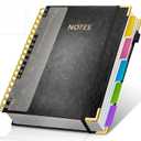 Hardcover Spiral Notebook Journal, 8"x10" Large B5 Notebooks with Removable Dividers Tabs, 300 Pages Leather 5 Subject Notebook College Ruled, Journal for Work School Note, 100 GSM Thick Paper,Black