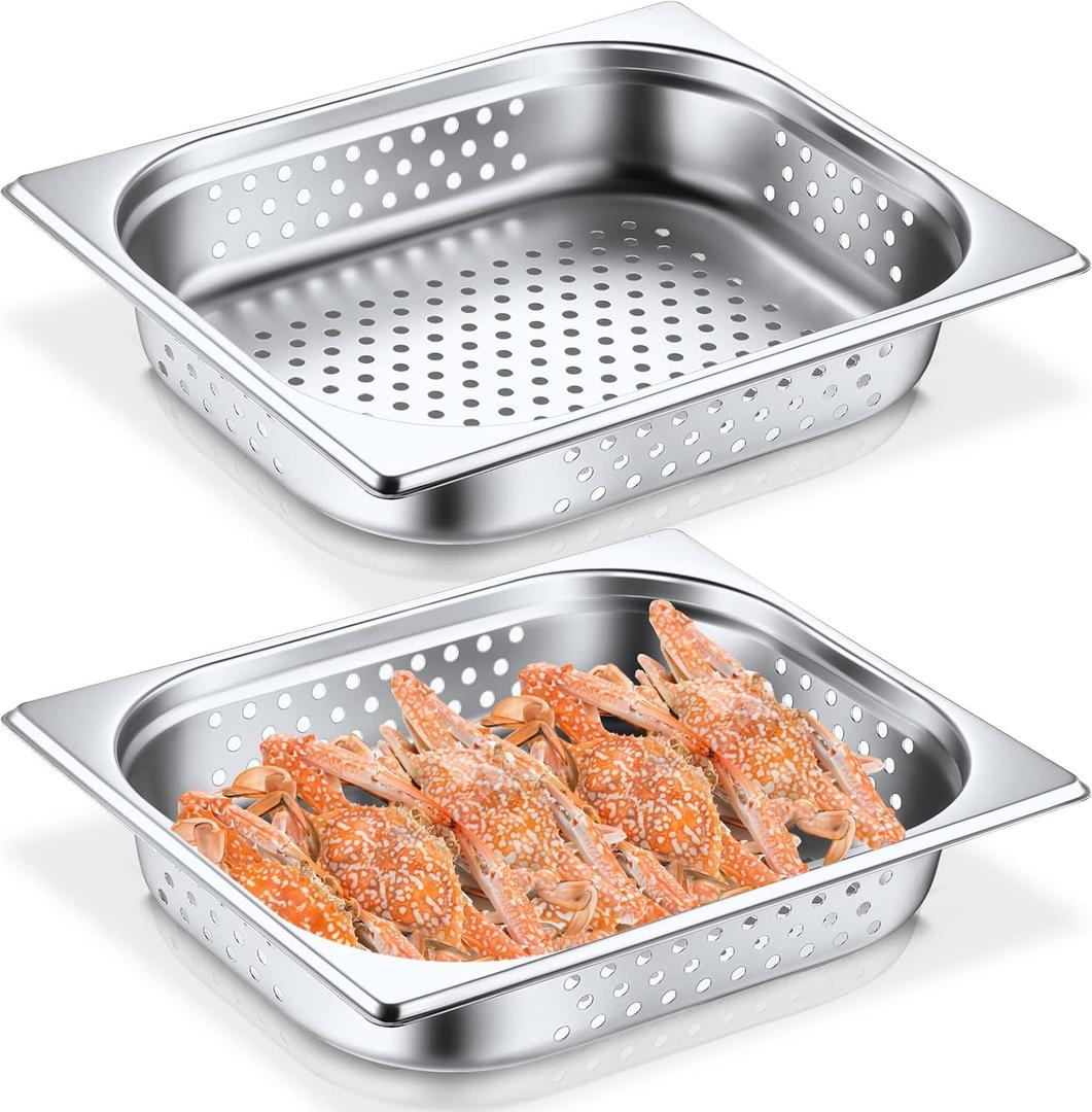 Lounsweer 2 Pack Half Size Hotel Pans Perforated Steam Table Pan Stainless Steel Half Steam Pan Commercial Catering Food Pan for Kitchen Restaurant Serving Supplies(12.8'' x 2.56'' x 10.43'')
