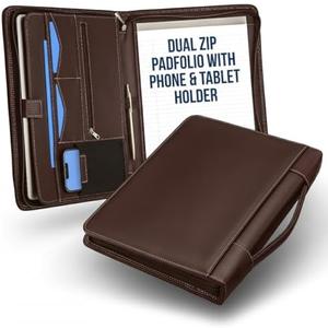 STYLIO Walnut Zipper Padfolio Portfolio Binder w/Carrying Handle | Organizer for Documents, iPad, Tablet, Notebook | Business Leather Binder for Men Women (No 3-Ring Binder)