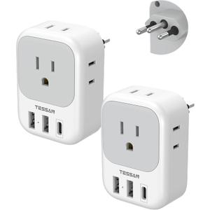 TESSAN Brazil Plug Adapter 2 Pack, 7 in 1 US to Brazil Power Adapter with 3 USB Ports (1 USB-C Port) 4 American Outlets, Type N Travel Adaptor for USA to Brazilian