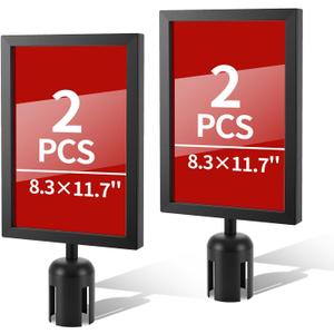 2 Pack Stanchion Sign Holders, Portrait Double Sided Sign Frame with Clear Cover, Fits 8.3 x 11.7 Inch Paper for Crowd Control Sentry Stanchions (Black)