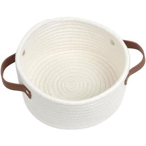 Small Woven Basket, Cute Mini Cotton Rope Storage Basket with leather handle, Tiny Decorative Round Storage Bin, Boho Empty Gift Baskets for Organizing, Toy Organizer for Nursery (Narrow handle)