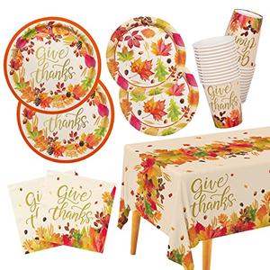Fall theme Party Supplies Kit, Serve 25, Autumn Harvest Disposable Dinnerware Includes: Paper Dinner Plates, Dessert Plates, Napkins, Cups, and Tablecloth, for Thanksgiving Party Decorations