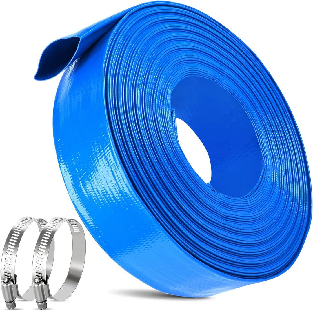 2 IN x 30FT Pool Backwash Hose Heavy Duty Drain Discharge Double PVC Layflat Hose with 2 Clamps, Weatherproof Burst Resistant for Water Transfer, Sump Pump, Pool Filter, Pool Drain (9.2M,Blue)
