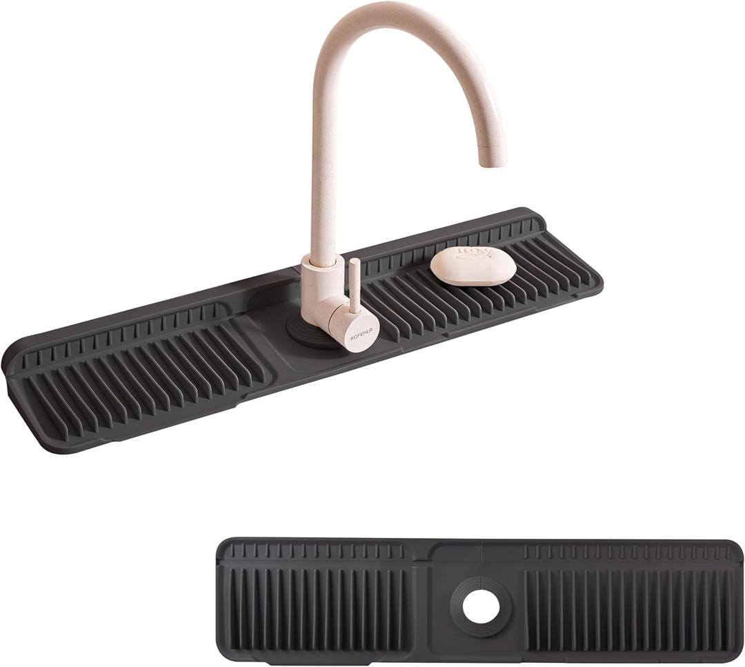 24" Silicone Sink Splash Guard - Kitchen Sink Accessories with Drip Tray, Sponge Holder & Soap Dish, 6 Slope Design for Easy Drainage, Foldable & Fasten Button for Secure Fit, Grey (24" x 5.5")
