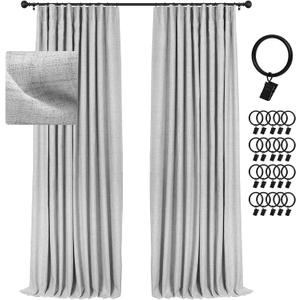 INOVADAY 100% Blackout Curtains for Bedroom, Black Out Curtains 108 Inch Long, Clip Rings Linen Blackout Drapes, Thermal Insulated Room Darkening for Living Room, 2 Panels - Grey,W50xL108