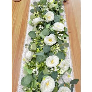 2 Pack 5.91Ft Artificial Eucalyptus Flower Garland with White Roses, Fake Flowers Greenery Garland Flower Vines for Wedding Party Mantle Table Runner Spring Home Decor (2PCS,White)