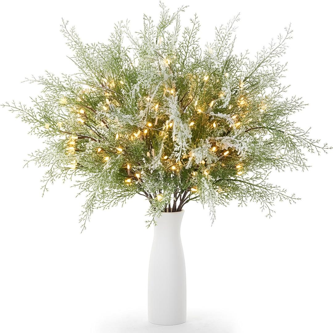31 Inch Christmas Lighted Branches for Vases, 6 Pcs Lighted Pine Branches Christmas Frosted Cedar Picks Greenery Stems for Xmas Holiday Winter Wedding Home Wreath