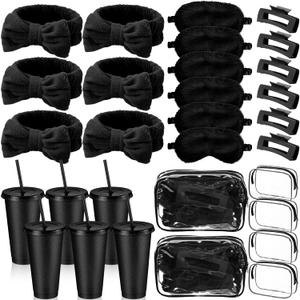 30 Pcs Spa Party Favor for Women Sleepover Party Supplies 6 Bow Headband 6 Eye Mask 6 Hair Clip 6 Cosmetic Bag 6 Glitter Plastic Cup for Adult Spa Birthday Bachelorette(Black)