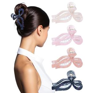 4 PCS Acrylic Bow Hair Clips for Women Bow Cute Claw Clip 4.3" Large Hair Claw Clips for Thick or Long Hair Bows Jaw Clip (Pink + Yellow + Brown + Black)
