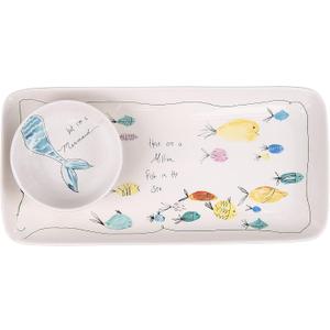 Creative Co-Op Rectangle Stoneware Plate with Fish Images and Matching Bowl (11-3/4"L x 5-3/4"W)