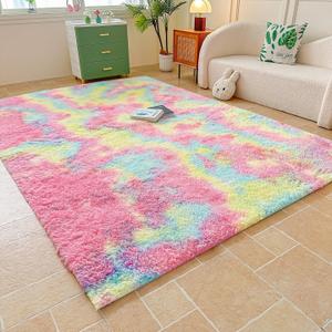 Faux Fur Rainbow Area Rug for Bedroom Living Room Sofa,6'X9' Fluffy Shaggy Rectangular Square Rug for Kids Teen Girls Room,Furry Carpet for Nursery Baby Room Decor for Teenage