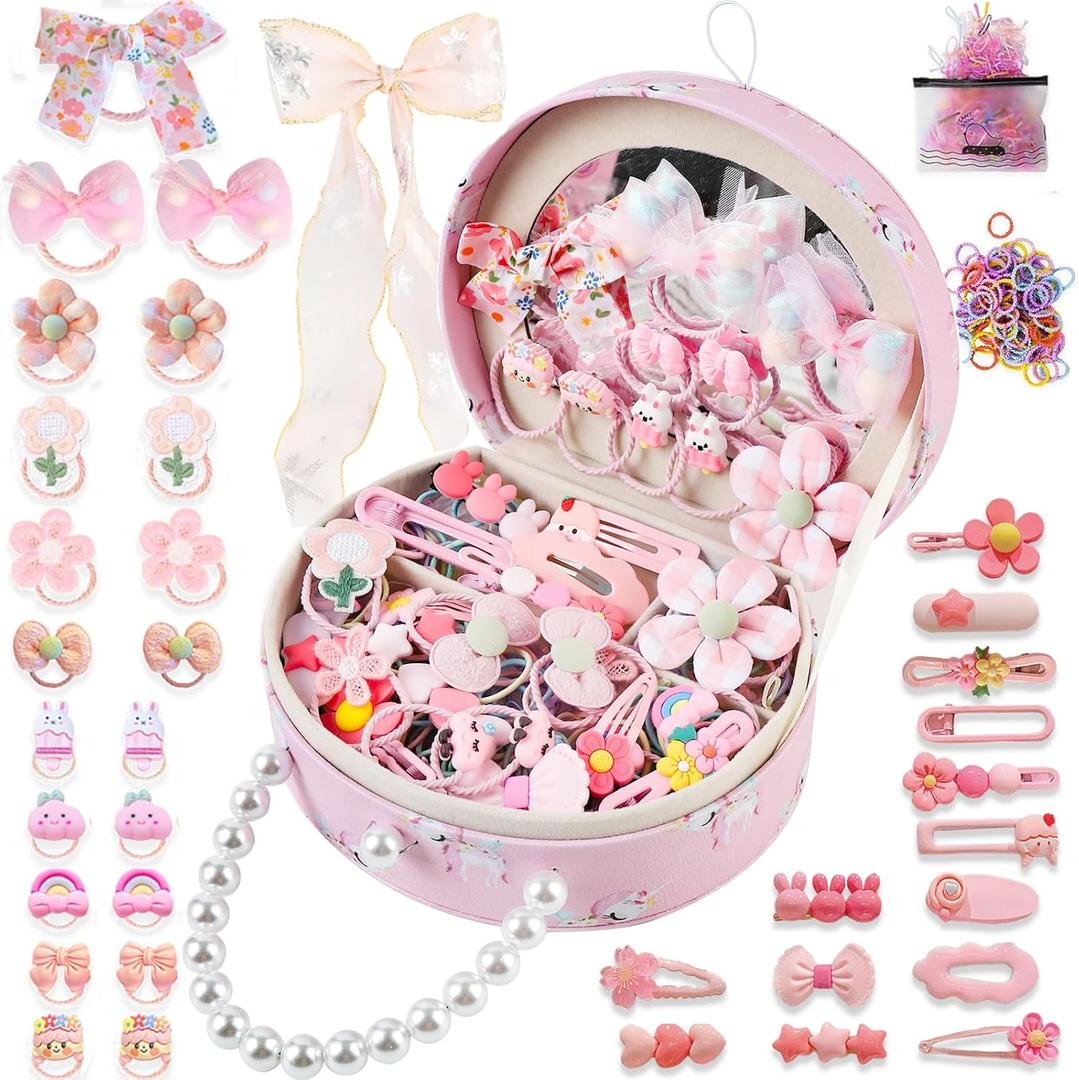 Princess Jewelry Box for Girls with Hair Accessories,Girls Hair Clips Bows Set, Fashion Hair Styling Kit with Mirror,Pink Sparkle Trinket Box Includes Hair Clips (Ribbon)