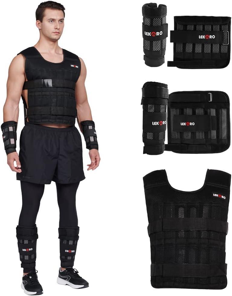 Adjustable Weighted Vest Set with Arm Weights and Leg Weights, Weight Training Workout Set, Weights Jacket & Wrist Weights & Ankle Weights (Including Weights: 96-100 Steel Plates)