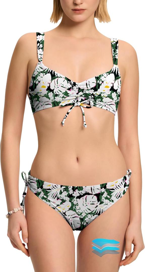 Beautikini Period Swimwear for Teens Two Piece Tie Leakproof Swimsuit Menstrual Drawstring Bikini Set Bathing Suits for Girls (Medium, Dark Green Leaf)