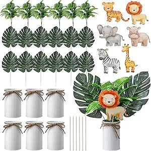Amyhill 6 Sets Jungle Baby Shower Centerpieces Safari Baby Shower Centerpieces for Table Jungle Wild One Party Decoration with Artificial Forest Palm Leaf Toppers for 1st Birthday