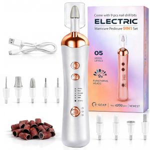 Professional Nail Drill Kit, Electric Nail File for Seniors & Thick Toenails, Nail Drill Professional, Nail Files and Buffers, Drill Nails Machine with 5-Speed Adjustable, 9 Replaceable Heads