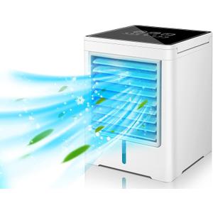 Portable Air Conditioners, Evaporative Air Cooler with 3 Wind Speeds 3 Timers Touch Screen Small Desktop Cooling Fan, Personal Mini Air Cooler for Home Room Camping Car Office (White)