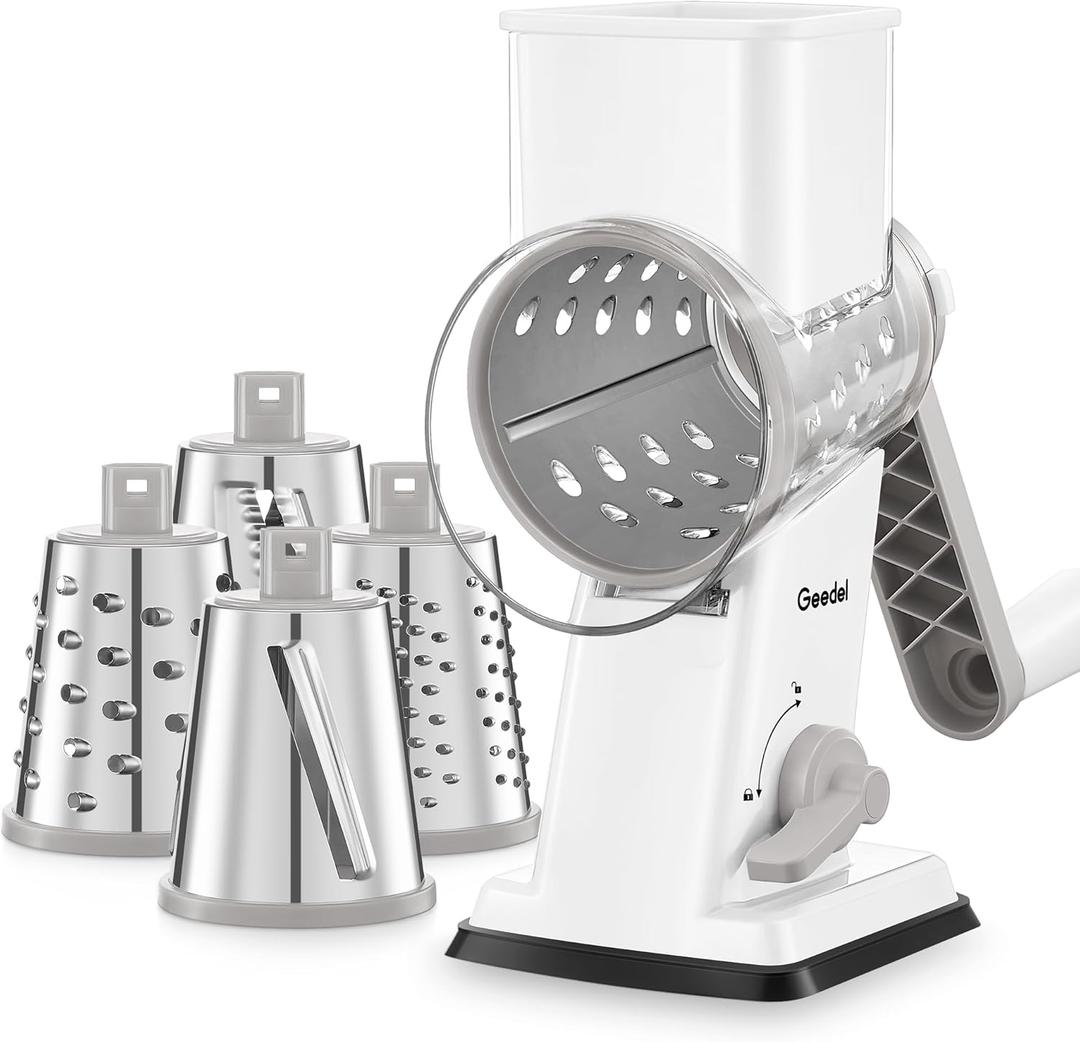 Geedel Rotary Cheese Grater - Upgraded Vegetable Shredder with 4 Interchangeable Blades, Easy to Clean Cheese Shredder with Handle, Kitchen Grater Nuts Grinder for Cutting Cheese, Vegetable, Nuts, White