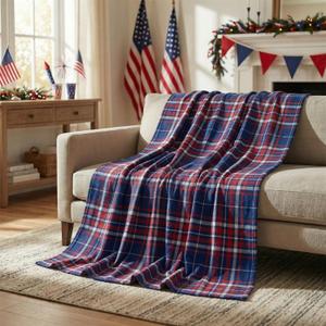 Horaldaily 4th of July Flannel Blanket Throw, Blue Buffalo Plaid Independence Day Memorial Day Soft Fuzzy Plush Cozy Fleece Blankets for Couch Sofa Bed Decor, Ideal Gifts for Kids Adults 50x60