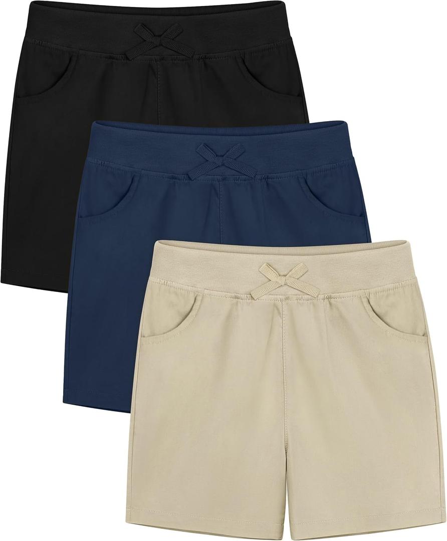 Resinta 3 Pack Girls School Uniform Bermuda Shorts Pull-on Chino Elastic Waist Summer Soft Play Shorts with Pockets 11-12Y