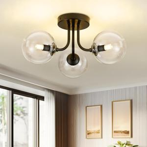 3-Globe Black Flush Mount Ceiling Light in a Modern Farmhouse Design is Ideal for Living Rooms, Bedrooms, or Dining Rooms. Model:CKCL4845-3W-CLBK (3 Light-Black & Clear Glass)