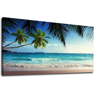 Large Wall Art Ocean Waves Canvas Pictures Coconut Trees Sands Beach Seascape Landscape Modern Summer Sea Nature Canvas Artwork Contemporary Wall Art for Living Room Bedroom Home Wall Decor 24" x 48"