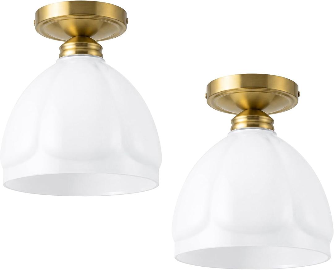 AUTELO 2 Pack Milk Glass Ceiling Light, Gold Semi Flush Mount Ceiling Light, 8.19 inch