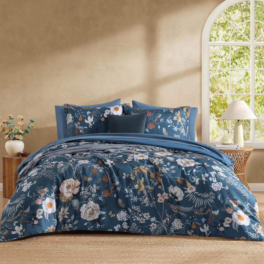 CASAAGUSTO King Size Comforter Set - 7 Pieces Blue Floral Bedding Sets, King Bed in a Bag with Botanical Butterfly Comforter, Sheets, Pillowcases & Shams for All Seasons