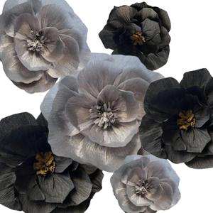 BRT Bearingshui Crepe Paper Flowers Decoration for Wall Total 6 Pcs, Artificial Flowers for Wedding Decor,Flower Backdrop Decor, Baby Bridal Shower Birthday Party, Silver Black 3D Wall Flowers Decor