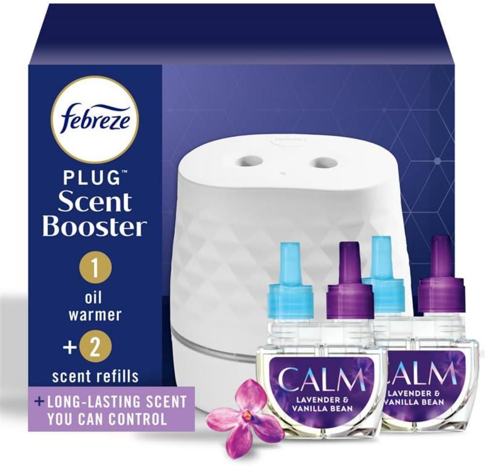 Febreze Plug Scent Booster Starter Kit, Oil Diffuser, Air Freshener Plug in, Continuous Scent Device + 2 Downy Calm Refills Febreze Plug Scent Booster Starter Kit, Oil Diffuser, Air Freshener Plug in, Continuous Scent Device + 2 Downy Calm Refills