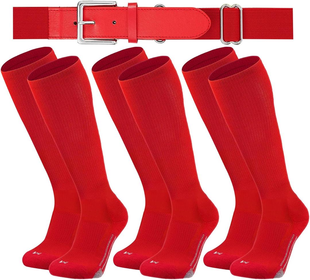 Youth Elite Baseball/Softball Socks & Belt Combo (3 Pairs of Socks with 1 Belt) (Red, S) 2 Pack