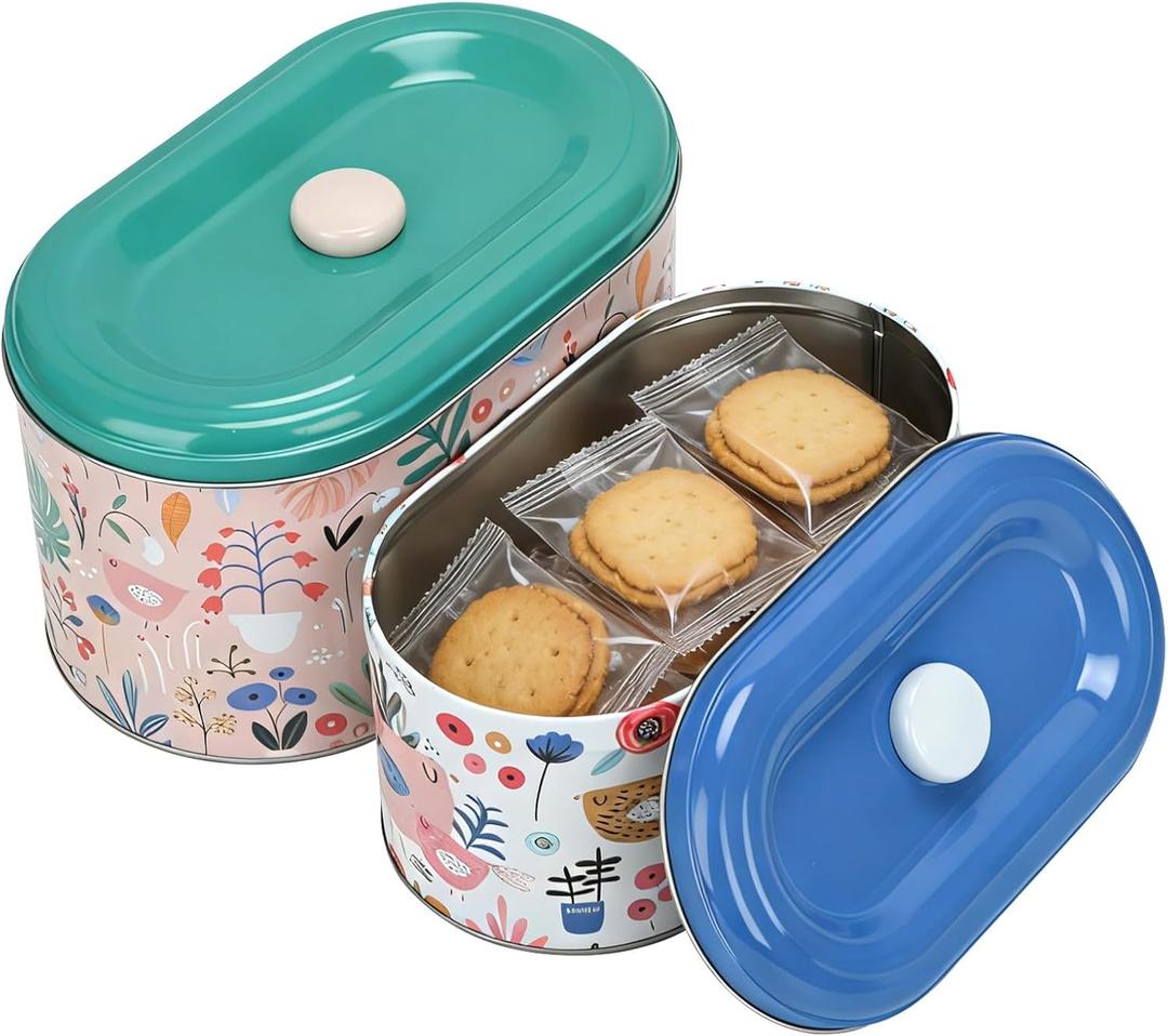 Decorative Metal Storage Tins with Lids, 2 Pack Floral and Bird Pattern Containers, Small 8.8x4.9x4.7 inch and Large 9.8x5.9x5.7 inch (Birds)