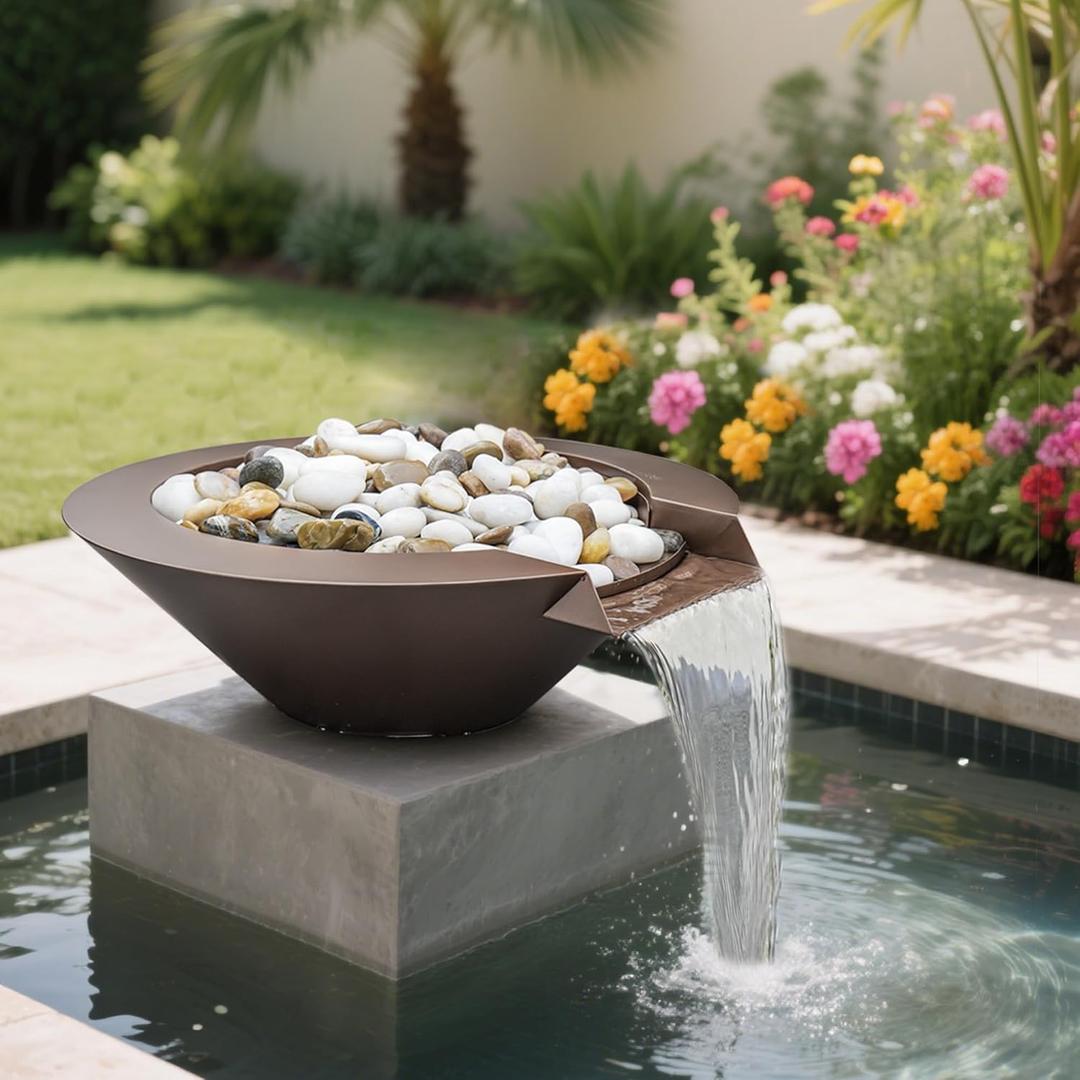 Stainless Steel Water Bowl - Antique Brown Patina, Modern Water Feature & Planter for Pool, Fountain, or Garden (Round)