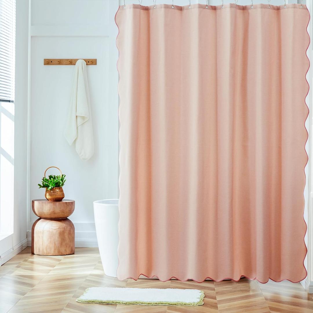 Pink Scalloped Shower Curtain, Cute Modern Preppy Boho Farmhouse Shower Curtains for Bathroom, Minimalist Luxury Faux Linen Waterproof Fabric Shower Curtain Aesthetic Bathroom Decor 72’’x72’’