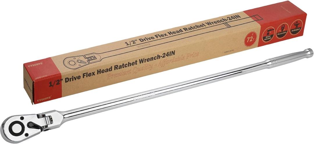 1/2 Inch Drive Ratchet, Flex Head Ratchet 1/2 Ratchet Long Handle, 72 Tooth Quick Release Swivel Head Ratchet Cr-Mo Head Socket Wrench Flexible Ratchet Handle-24/610mm