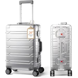 UrbanExplorer All Aluminum Carry On Luggage Hard Shell Suitcases with Spinner Wheels Zipperless Luggage 20 inch Small Carry On Suitcase for Short Trips, Sliver