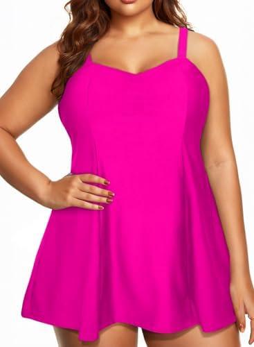 Aleumdr Women's Plus Size One Piece Swimsuit Tummy Control One Piece Bathing Suit with Skirt Vintage Swimdress with Pockets (Pink)