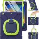 BRAECN Kids Protective Case for iPad 10.2 Inch 9th/8th/7th Generation 2021/2020/2019 - Shockproof Hard Case with Kickstand, Handle Grip & Carrying Strap | Screen Protector & Pencil Holder - Navy+Green